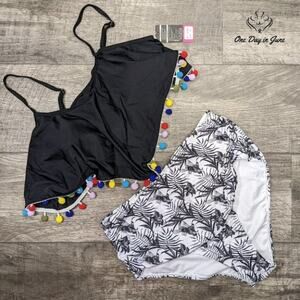 Shekini Women's Flounce Pom Pom High Waist Ruched Bikini Swimsuit Size XL